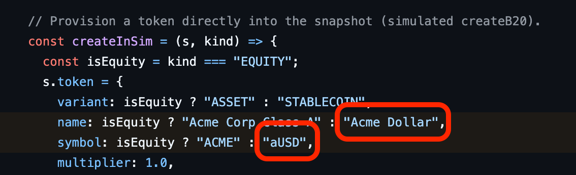 Base source code showing Acme Corp Class A and ACME for equity, with Acme Dollar and aUSD for the alternate branch